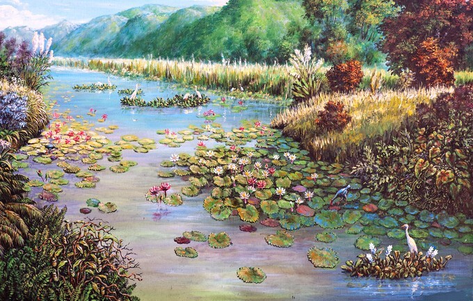 Original oil painting on canvas - landscape of lotus swamp